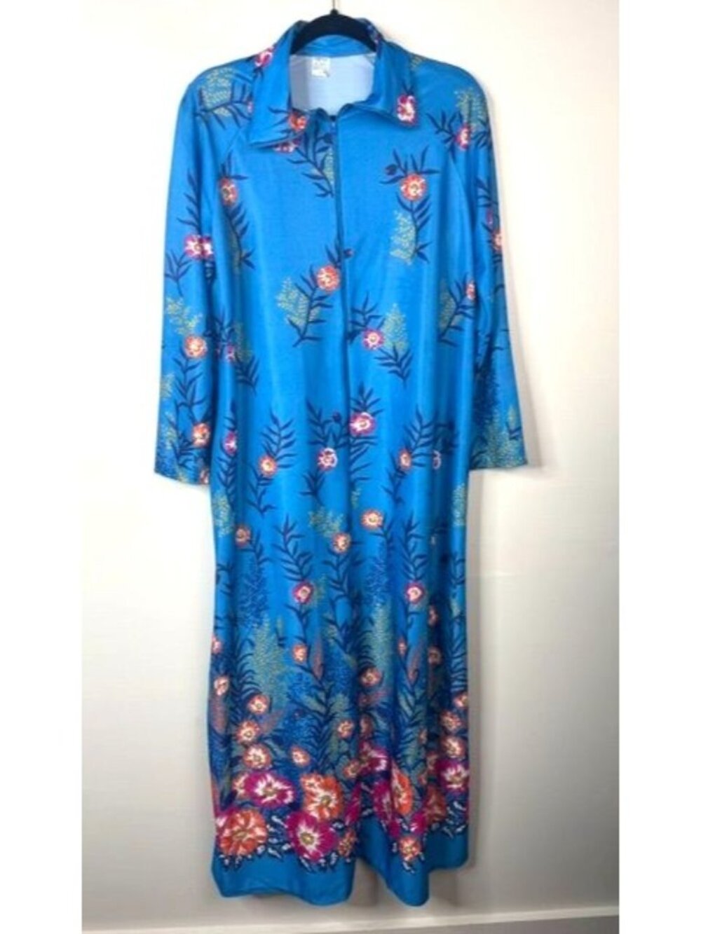 Vintage Elaine Skylar Blue Floral Long Caftan Lounger Half Zip Robe Mumu Dress L
